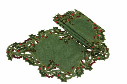 Holly Embroidered Placemats, 12"x18", Set of 4