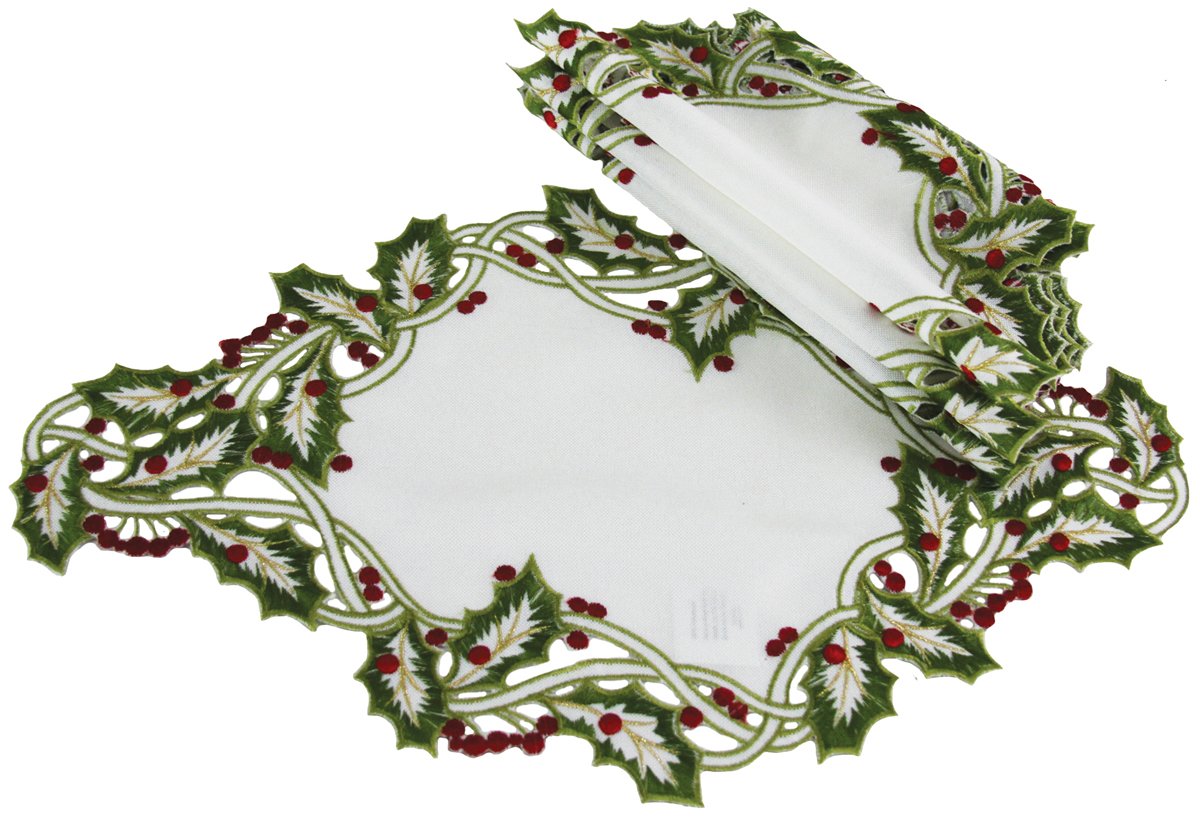 Holly Embroidered Placemats, 12"x18", Set of 4