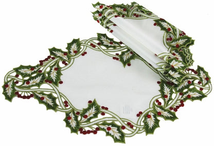 Holly Embroidered Placemats, 12"x18", Set of 4